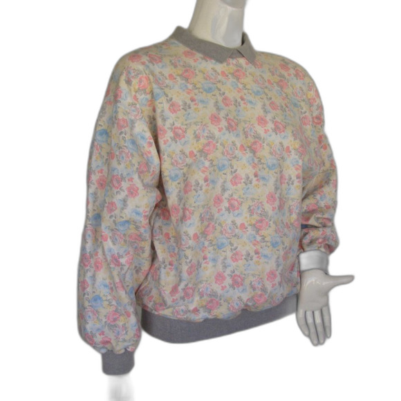 Vintage Granny Sweatshirt, L, multicolor Floral, Gray collar/cuffs, NAF NAF - Picture 2 of 13